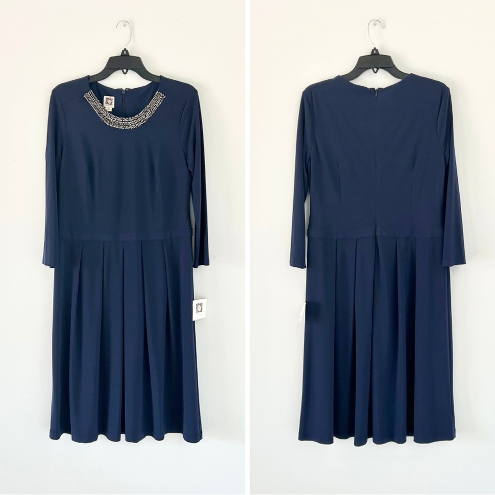💜 LAST CHANCE NWT Anne Klein Night Sky Navy Beaded Collar LS Cocktail Dress